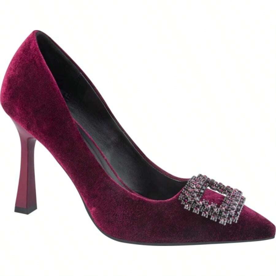 Zapatilla Terciopelo Con Herraje Tacón Alto 9cm Dama Color Vino - Rojo violeta - Ver 1