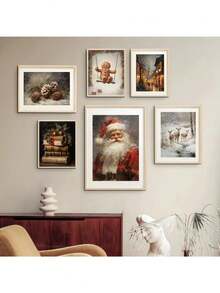 1 szt. Vintage Christmas Santa Portret Choinka Jeleń Zima Bałwan Sztuka Plakaty Płótno Malowanie Wydruki Ścienne Zdjęcia Wystrój Domu Bez Ramki, Dekoracje Świąteczne, Prezent Świąteczny