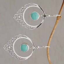 复古波西米亚风格耳环配绿松石吊坠，优雅镀银吊坠耳环，节日配饰 - 銀色 - 查看 2