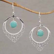 复古波西米亚风格耳环配绿松石吊坠，优雅镀银吊坠耳环，节日配饰 - 銀色 - 查看 1