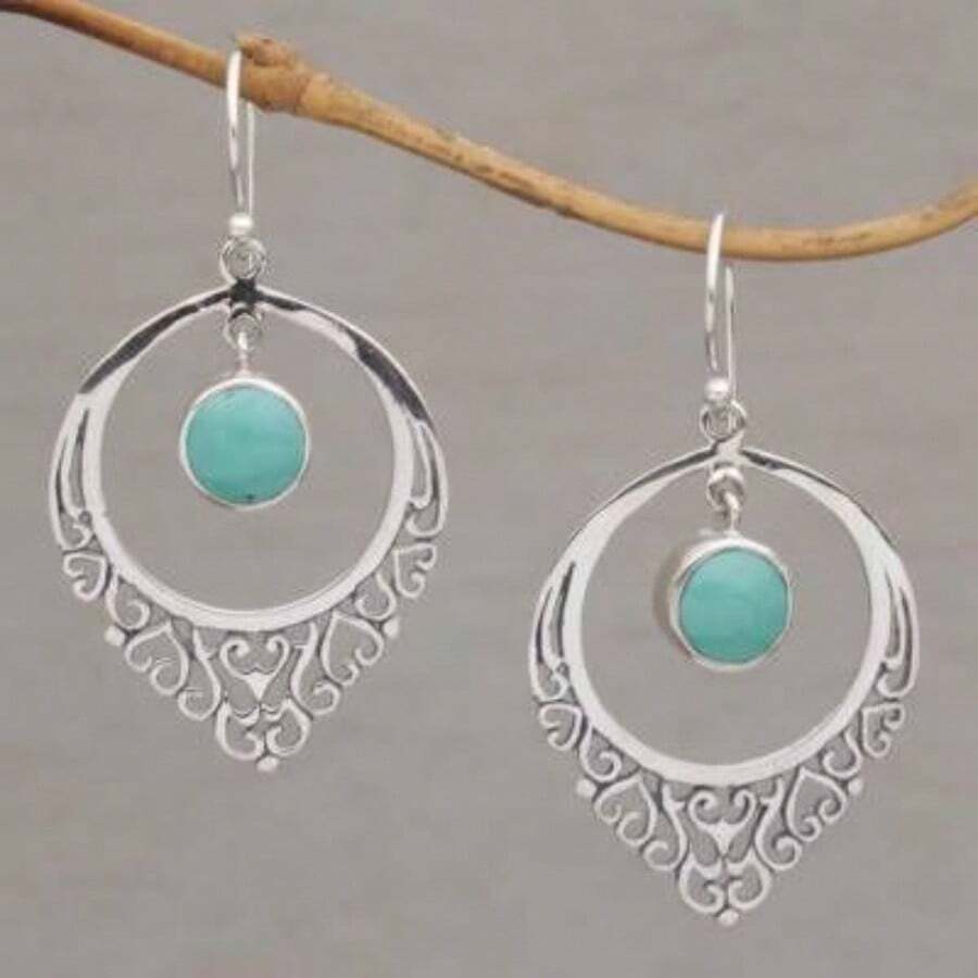 复古波西米亚风格耳环配绿松石吊坠，优雅镀银吊坠耳环，节日配饰 - 銀色 - 查看 1