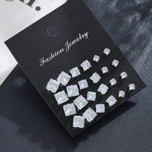 17KM 24pcs Simple Square Shape Cubic Zirconia Stud Earrings Set, Unisex Everyday Wear - Silver - View 2