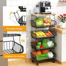 Fruit Basket Kitchen Pantry Organizers And Storage - Wooden Top Table, Stackable Metal Wire Basket Stand Cart For Fruit Vegetable Snacks Jars Bins Containers Organization, Black