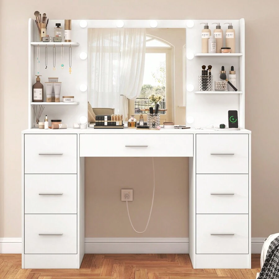 Große Schminktisch mit verstellbaren LED-Beleuchtung, Schminktisch mit Spiegel, Schminktisch mit 7 Schubladen, 4 offenen Ablagen und 5 Schmuckhaken für das Schlafzimmer, Weiß