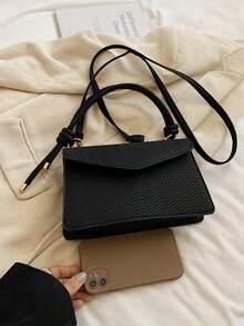 Nuevo bolso de hombro cruzado cuadrado texturizado de tejido blanco para mujer, 3 en 1 - Negro - Ver 3