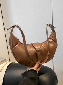 时尚简约纯色腰带装饰月牙单肩包，适合逛街，钱包，购物，年轻女性，大学生，新人，白领。非常适合办公室，大学，工作，商务，通勤，户外活动，旅行和郊游 - 棕色 - 查看 6