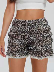 Women's Ruffle Trim Leopard Print Shorts - Coffee Brown - View 1