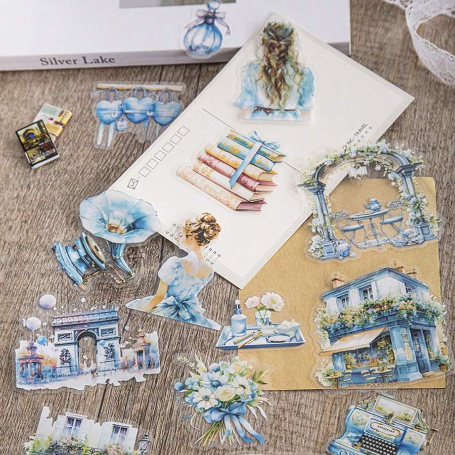 30 piezas/set (15 diseños, 2 piezas cada 1) Pegatinas con tema de viaje a París - Multicolor - Ver 1