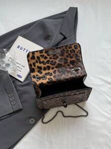 复古时尚豹纹包，五金锁扣，翻盖开口，金属双链，多功能优雅的单肩斜挎包，适合女孩的日常生活、休闲、通勤、工作和学生使用，女士猎豹印花包豹纹回归，复古风格女士包 - 咖啡棕 - 查看 6