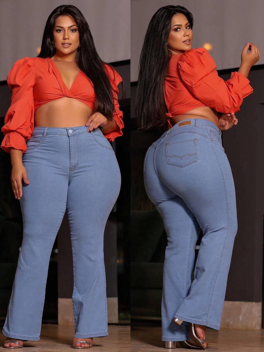 Women's Plus Size High Waist Jeans With Premium Elastane - Rửa nhẹ - Xem 1