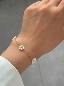 欧美跨境钛钢编织花朵珍珠项链手工串珠链锁骨链项圈配饰批发女情人节,妈妈,母亲,母亲节,礼物 - 金色 - 查看 3