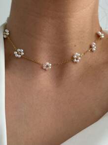 欧美跨境钛钢编织花朵珍珠项链手工串珠链锁骨链项圈配饰批发女情人节,妈妈,母亲,母亲节,礼物 - 金色 - 查看 2