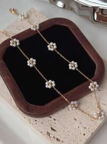 欧美跨境钛钢编织花朵珍珠项链手工串珠链锁骨链项圈配饰批发女情人节,妈妈,母亲,母亲节,礼物 - 金色 - 查看 5