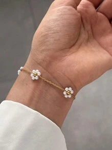 欧美跨境钛钢编织花朵珍珠项链手工串珠链锁骨链项圈配饰批发女情人节,妈妈,母亲,母亲节,礼物 - 金色 - 查看 4