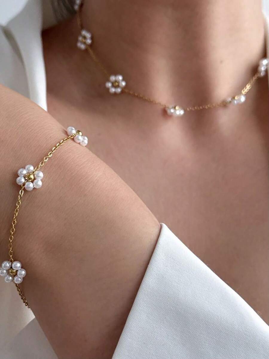 欧美跨境钛钢编织花朵珍珠项链手工串珠链锁骨链项圈配饰批发女情人节,妈妈,母亲,母亲节,礼物 - 金色 - 查看 1