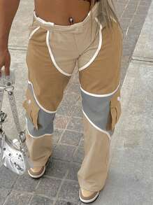 Chicsale Women's Multi-Functional Workwear Straight Leg Pants With Contrasting Straight Seams And Multiple Pockets | Street Casual Pants Suitable For Daily Urban Wear