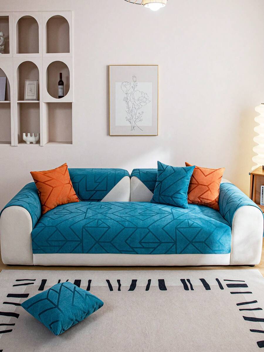 1pc Modern Line Pattern Dust-Proof Soil-Resistant Slip-Resistant Customizable Blue Sofa Cushion - Blue - View 1