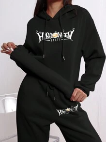 Fashion Halloween Women Simple Solid Color Women's Knit Casual Hooded Sweatshirt Pantsuit Pajamas Casual Pantsuit Two-Piece Pantsuit - Black - View 1