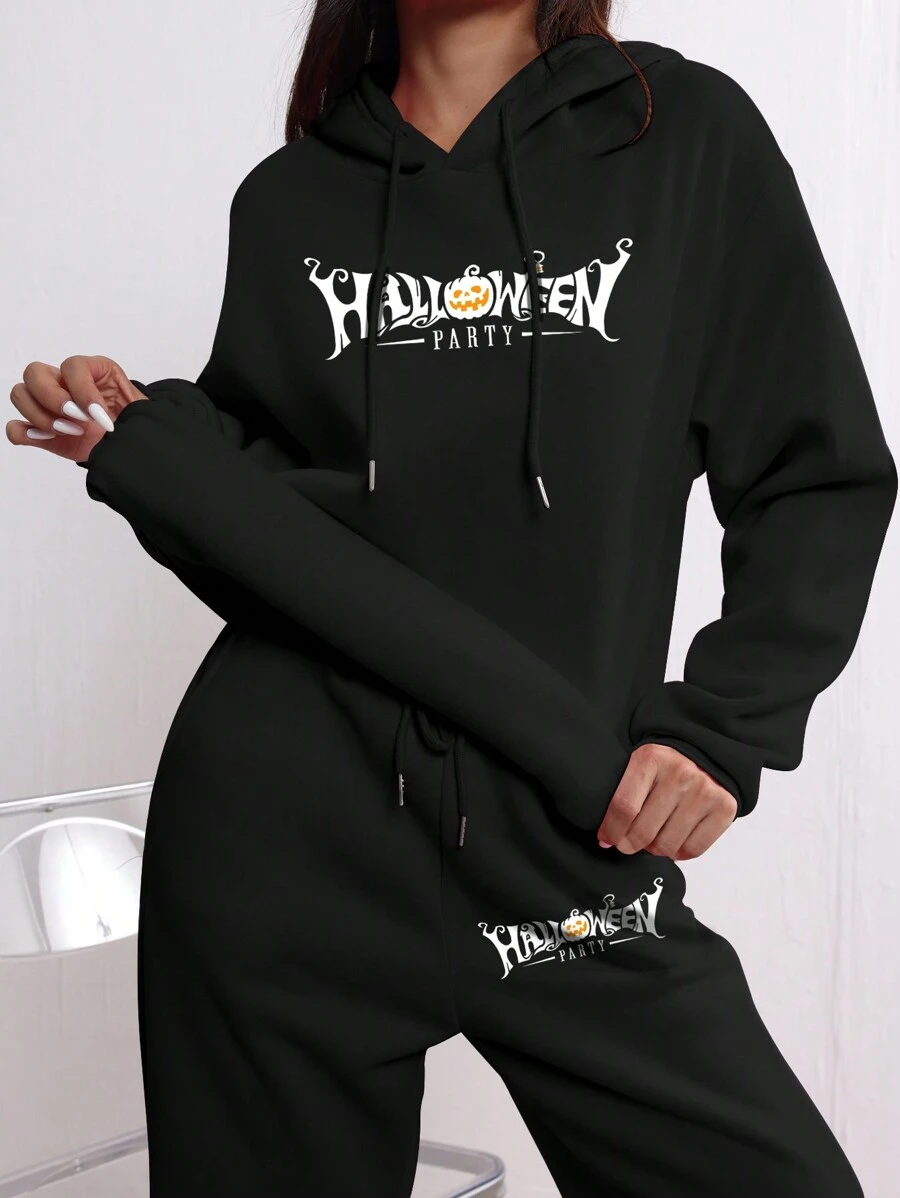 Fashion Halloween Women Simple Solid Color Women's Knit Casual Hooded Sweatshirt Pantsuit Pajamas Casual Pantsuit Two-Piece Pantsuit - Black - View 1