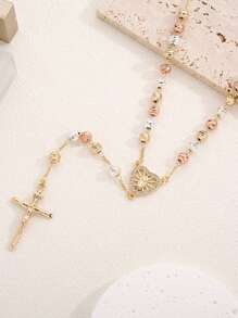 1 chiếc vòng cổ hạt cườm Đức Mẹ Đồng Trinh thủ công có mặt thánh giá, phù hợp cho phụ nữ đeo hàng ngày hoặc dự tiệc - Vàng - Xem 9