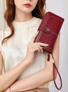 Billetera larga encerado para mujer cartera antimagnética RFID, cartera con cremallera larga, bolso de mano de gran capacidad europeo y americano - Rojo - Ver 2