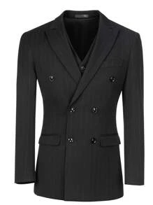Furuyal Men's Suits Striped 3 Pieces Suit Set For Men Elegant Solid Casual Fashion Double Breasted Slim Fit Prom Blazer Vest Pants Set Business Party Wedding Holiday Black Size XS-3XL