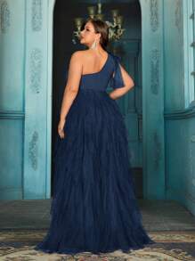 QOQ 时尚优雅女士加大码礼服夏季晚礼服，适合晚宴、正式活动、鸡尾酒会、生日派对、庆典纯色开衩不对称领口连衣裙 - 藏蓝色 - 查看 2