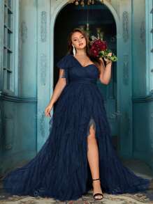QOQ Stylish Elegant Women Plus Size Formal Dress Summer Evening Gown For Dinner Party, Formal Events, Cocktail Party, Birthday Parties, Galas Solid Color Slit Asymmetrical Neck Dresses