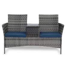 Wicker Outdoor Loveseat Modern Rattan 2-Seat Patio Conversation Set With Cushions & Built-In Coffee Table Porch Furniture - 灰色/藍色 - 查看 1