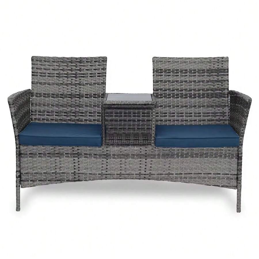 Wicker Outdoor Loveseat Modern Rattan 2-Seat Patio Conversation Set With Cushions & Built-In Coffee Table Porch Furniture - 灰色/藍色 - 查看 1