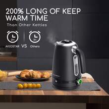 1 pezzo Bollitore elettrico Aigostar con controllo della temperatura regolabile (da 40°C a 100°C), bollitore elettrico in acciaio inossidabile da 1,7 L, 2200W, con display LED, funzione di ebollizione, colore nero