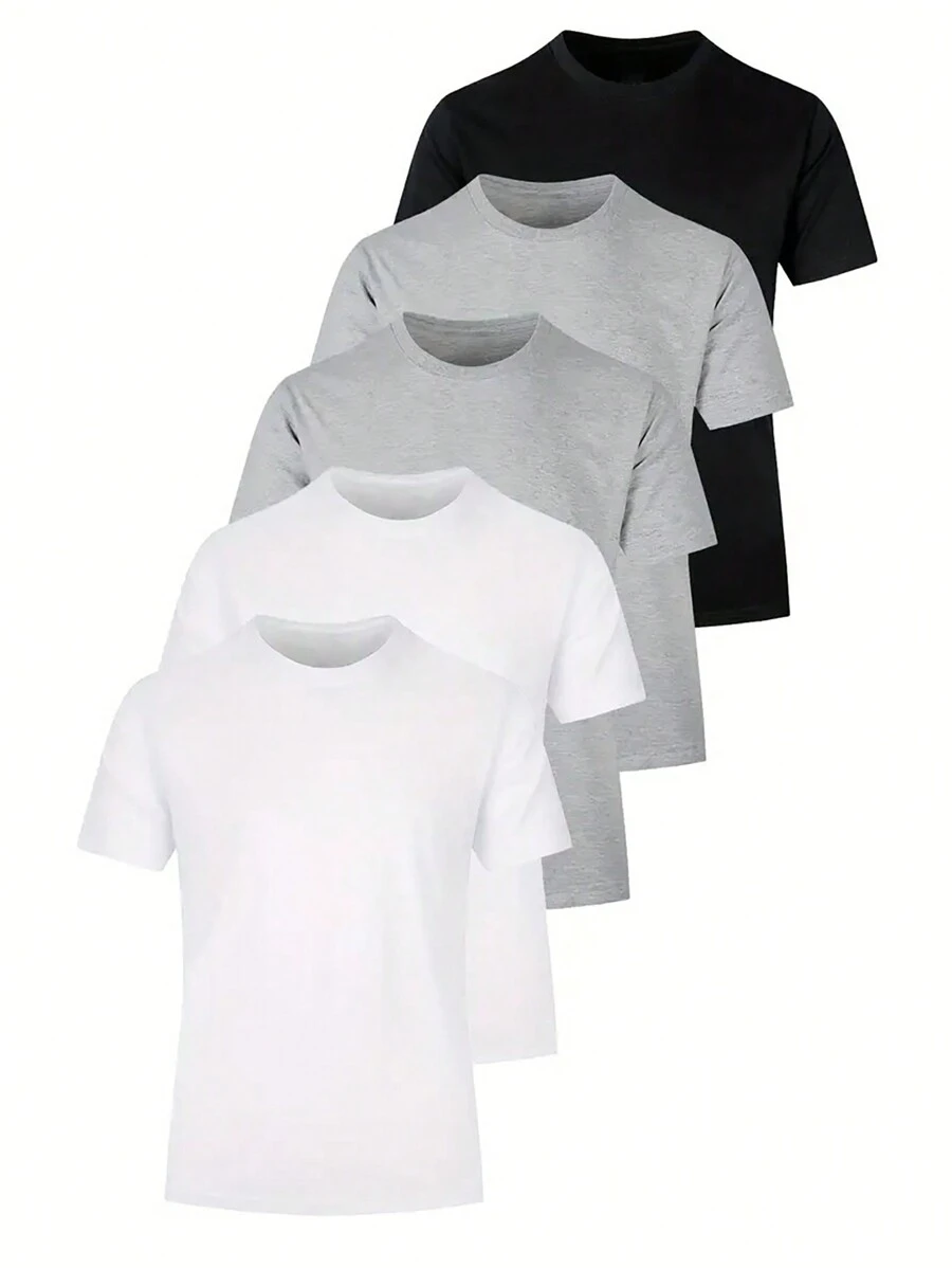 5pcs/Set Men's Casual Solid Color Crew Neck Short Sleeve T-Shirt Set, Summer - White - View 1