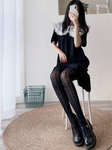 潮流春夏洛丽塔风格蕾丝镂空渔网连裤袜，女士薄款刺绣网眼紧身裤 - 黑色 - 查看 5