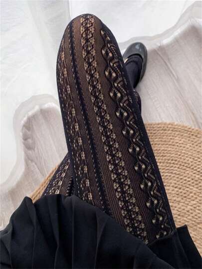 潮流春夏洛丽塔风格蕾丝镂空渔网连裤袜，女士薄款刺绣网眼紧身裤