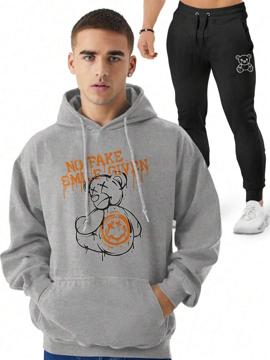 Fake Smile Bear And Lil Bear Kangaroo Sweatshirt Blouse + Pants Kit - Xám - Xem 1