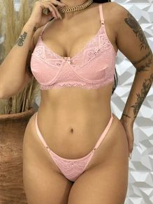 Sexy Lingerie Set Without Underwire And Adjustable G-String Panties Glamour - Màu hồng gỉ - Xem 3