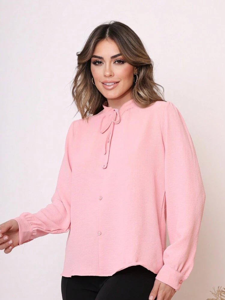 blusa feminina social manga longa tecido duna - Rosa chiclete - Visão 3