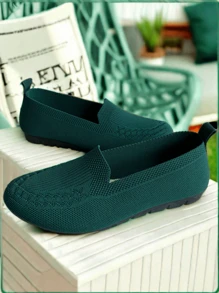 Women Black Knitted Flats, Hollow Breathable Lightweight Comfortable Elegant Sport Shoes, Suitable For Indoors, Moms, Outdoor Casual Wear (For Slim, Wide Or Large Feet, Suggest Ordering One Size Up), Random Floral Pattern