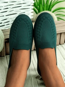 Women Black Knitted Flats, Hollow Breathable Lightweight Comfortable Elegant Sport Shoes, Suitable For Indoors, Moms, Outdoor Casual Wear (For Slim, Wide Or Large Feet, Suggest Ordering One Size Up), Random Floral Pattern
