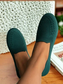 Women Black Knitted Flats, Hollow Breathable Lightweight Comfortable Elegant Sport Shoes, Suitable For Indoors, Moms, Outdoor Casual Wear (For Slim, Wide Or Large Feet, Suggest Ordering One Size Up), Random Floral Pattern