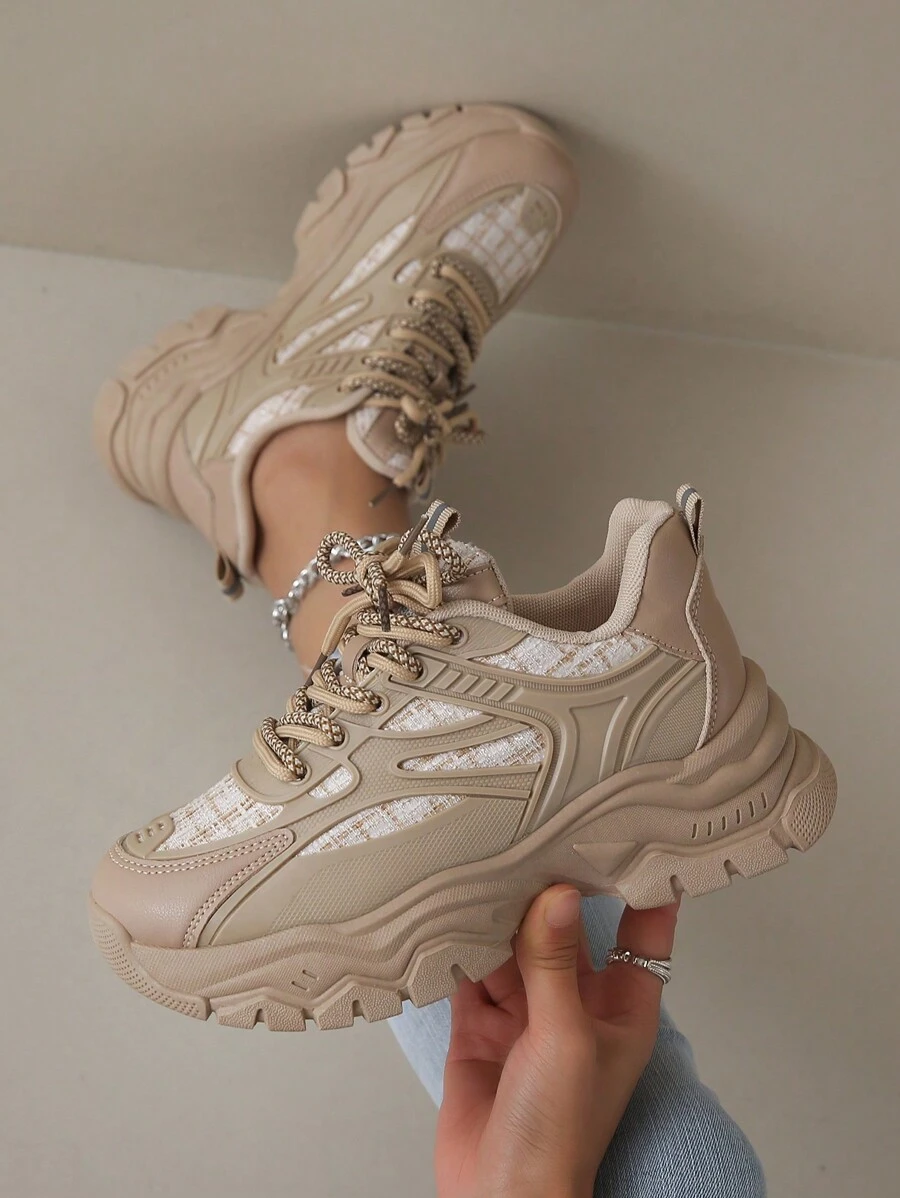 Nuevos tenis casuales de suela gruesa color caqui, tenis planos de moda de cordones gruesos de tela para todas las estaciones para mujeres - Caqui - Ver 1