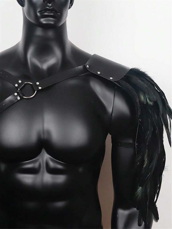 1pc Gothic Viking Warrior One Shoulder Pauldron, Adjustable PU Leather Medieval Knight Feather Costume For Halloween