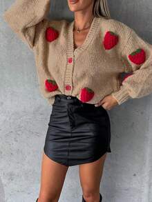New Autumn And Winter Fashionable Sweet And Gentle Strawberry Decorated Lantern Sleeve Women's Cardigan,Long Sleeve Tops
