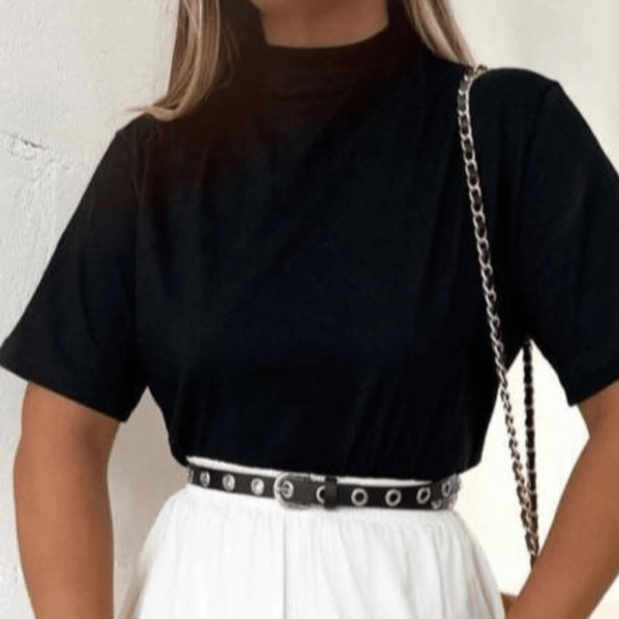 Elegant Basic T-Shirt Blouse With Rib Collar - Black - View 1