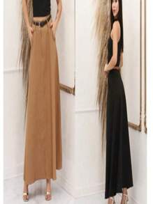 Saia Longa Feminina Alfaiataria Moda Evangélica Casual com bolso - CARAMELO - Visão 3