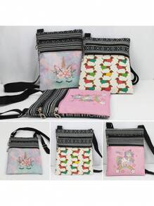 Cute Cartoon Black Cat Print Crossbody Bag, Unisex Reusable Shoulder Bag With Floral Animal Pattern, Adjustable Strap, Portable Messenger Bag, Party Gift For Cat Lovers