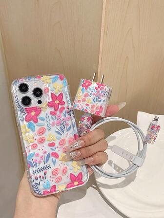 彩色花朵图案气垫 iPhone 保护壳 + 充电器线保护套