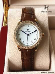 Pablo Raez 1 pieza Nuevo diseño de moda, Reloj de mujer encantador, acero inoxidable IPG de 18K oro joyas, estilo vintage y de lujo, correa microfiber negro suave, accesorio de verano, resistente al agua, reloj de cuarzo con ajuste de hora azul, elegante y versátil, buen regalo para maestras, amigas o familiares, adecuado para la vida diaria, trabajo, fiesta, decoración, graduación, regalos de boda
