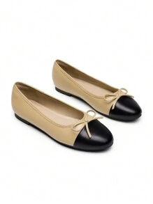Women's Flats Round Toe Ballet Bow Fashionable And Comfortable Slip-On College School Casual Party Dance Colorblock Flat Shoes - 杏色 - 查看 1