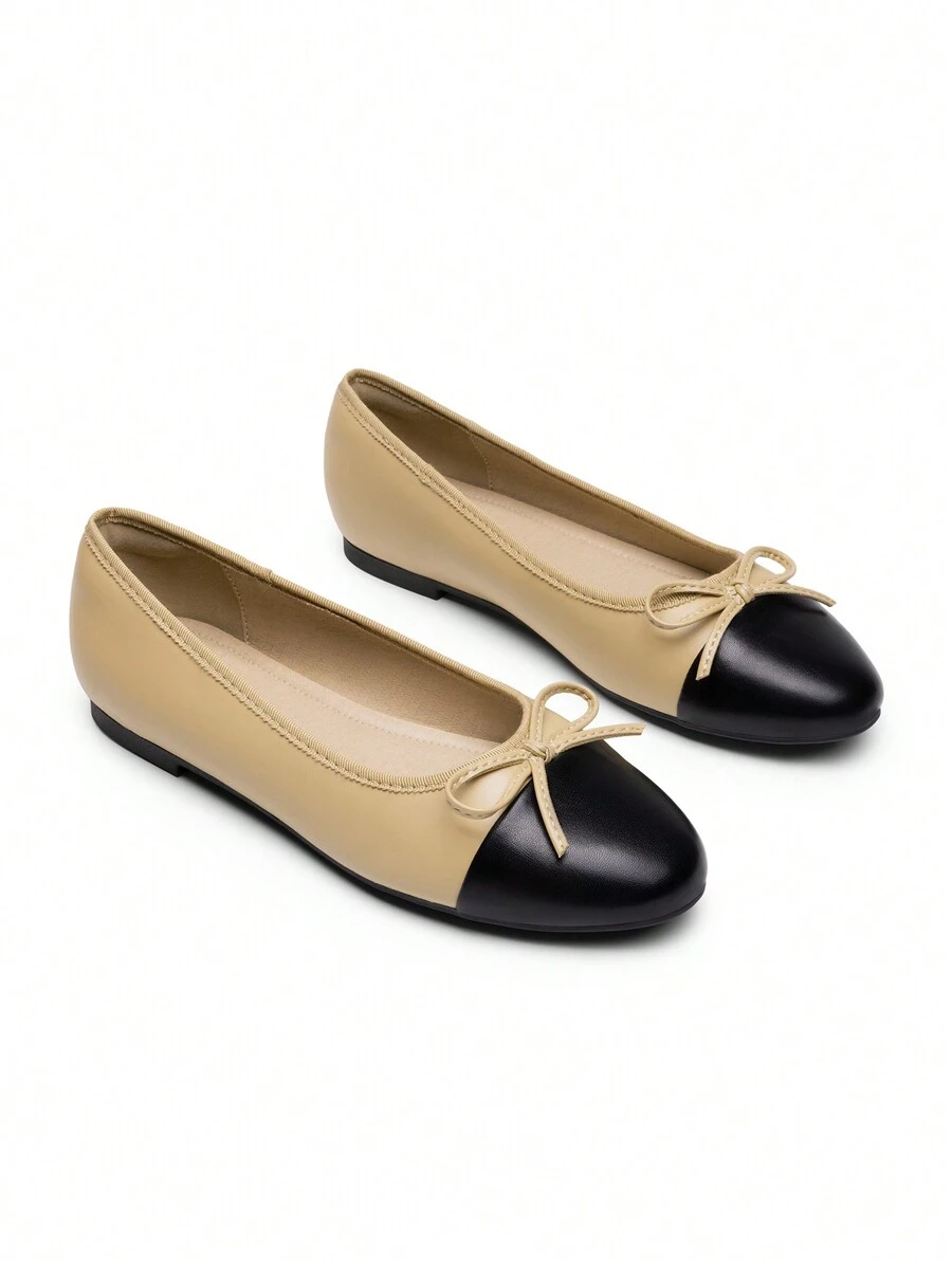 Women's Flats Round Toe Ballet Bow Fashionable And Comfortable Slip-On College School Casual Party Dance Colorblock Flat Shoes - 杏色 - 查看 1